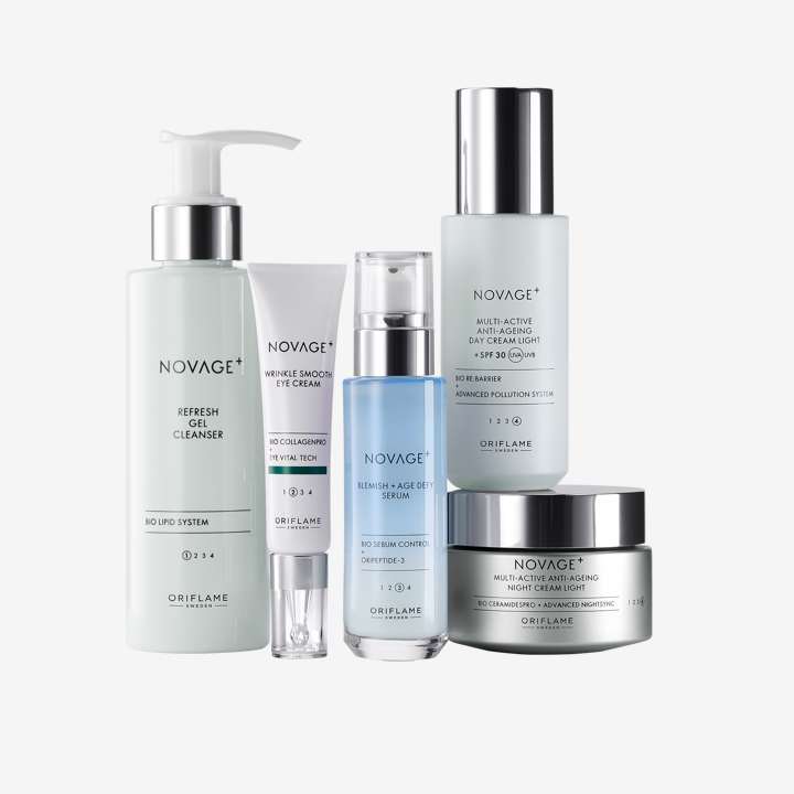 Novage+Blemish+Age Defy Routine Light 5 full size products-cleanser, eye cream, serum, day and night creams