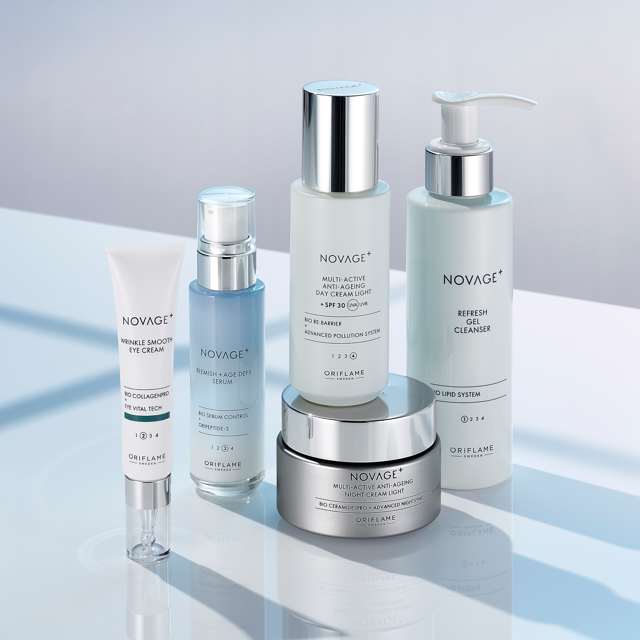 Novage+Blemish+Age Defy Routine Light 5 full size products-cleanser, eye cream, serum, day and night creams