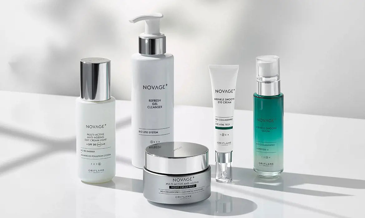 Novage+Blemish+Age Defy Routine Light 5 full size products-cleanser, eye cream, serum, day and night creams