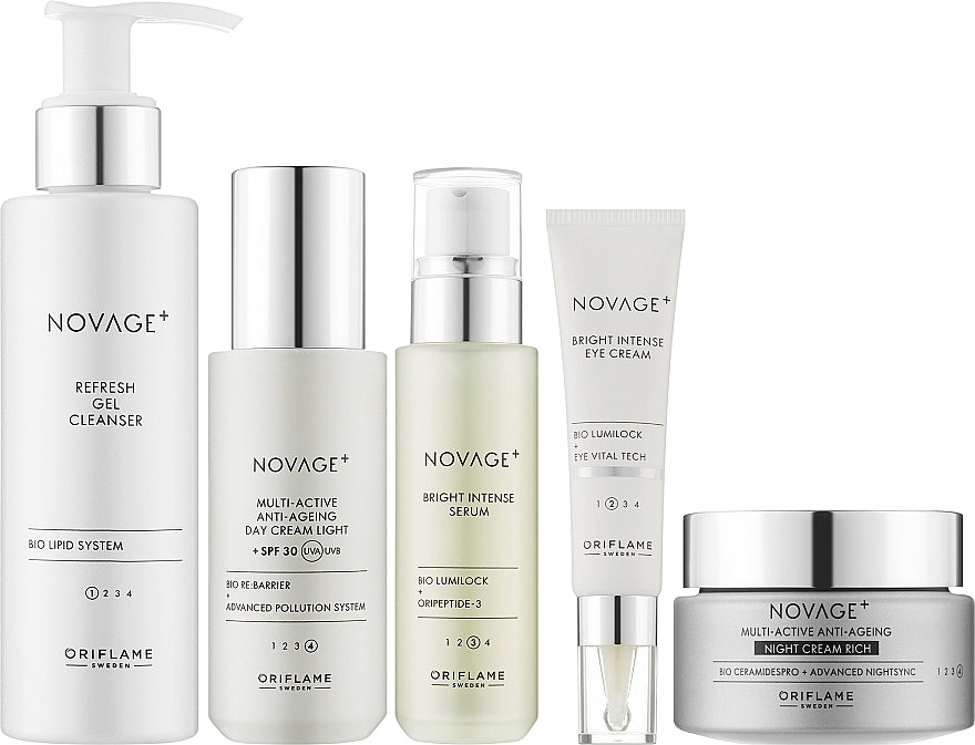 Novage+Bright Intense Routine Mixed 5 full size products-cleanser, eye cream, serum, day and night creams
